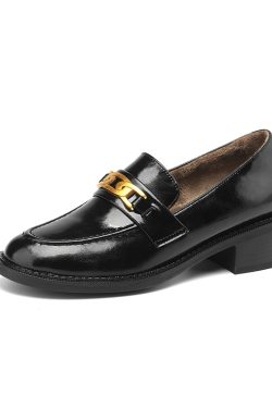 Vintage Brown Metal Buckle Loafers for Women - Versatile Leather Shoes, 2025 Trend, Y2K Inspired Fashion