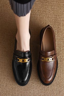 Vintage Brown Metal Buckle Loafers for Women - Versatile Leather Shoes, 2025 Trend, Y2K Inspired Fashion