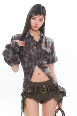 Vintage Brushed Plaid Backless Hollow-Out Short Sleeve Shirt with Detachable Straps - Y2K Fashion Trend