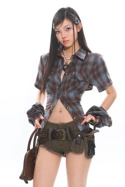Vintage Brushed Plaid Backless Hollow-Out Short Sleeve Shirt with Detachable Straps - Y2K Fashion Trend