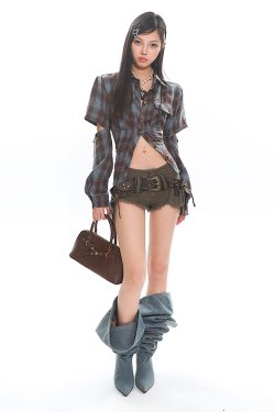 Vintage Brushed Plaid Backless Hollow-Out Short Sleeve Shirt with Detachable Straps - Y2K Fashion Trend