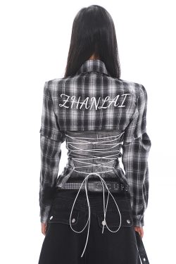 Vintage Brushed Plaid Backless Hollow-Out Short Sleeve Shirt with Detachable Straps - Y2K Fashion Trend