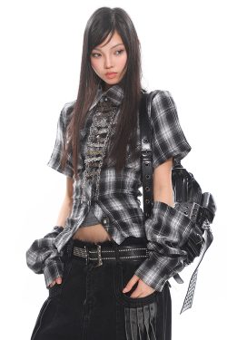 Vintage Brushed Plaid Backless Hollow-Out Short Sleeve Shirt with Detachable Straps - Y2K Fashion Trend