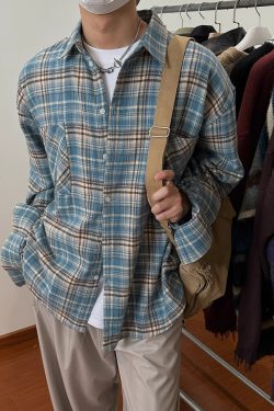 Vintage Brushed Plaid Long Sleeve Shirt for Men & Women, Pleated Pocket, Casual Couple's Jacket, Spring & Autumn Fashion