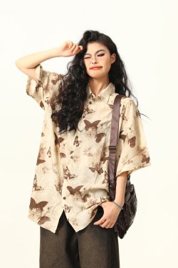 Vintage Butterfly Print Short Sleeve Shirt for Women - Retro American Style Summer Top, 90s Inspired Fashion