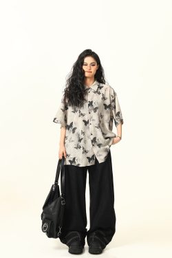 Vintage Butterfly Print Short Sleeve Shirt for Women - Retro American Style Summer Top, 90s Inspired Fashion