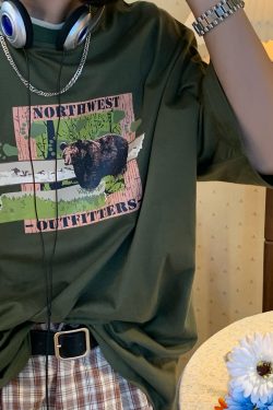 Vintage California Bear Graphic T-Shirt, European & American Trend, Short Sleeve Loose Fit Top, Casual Y2K Style