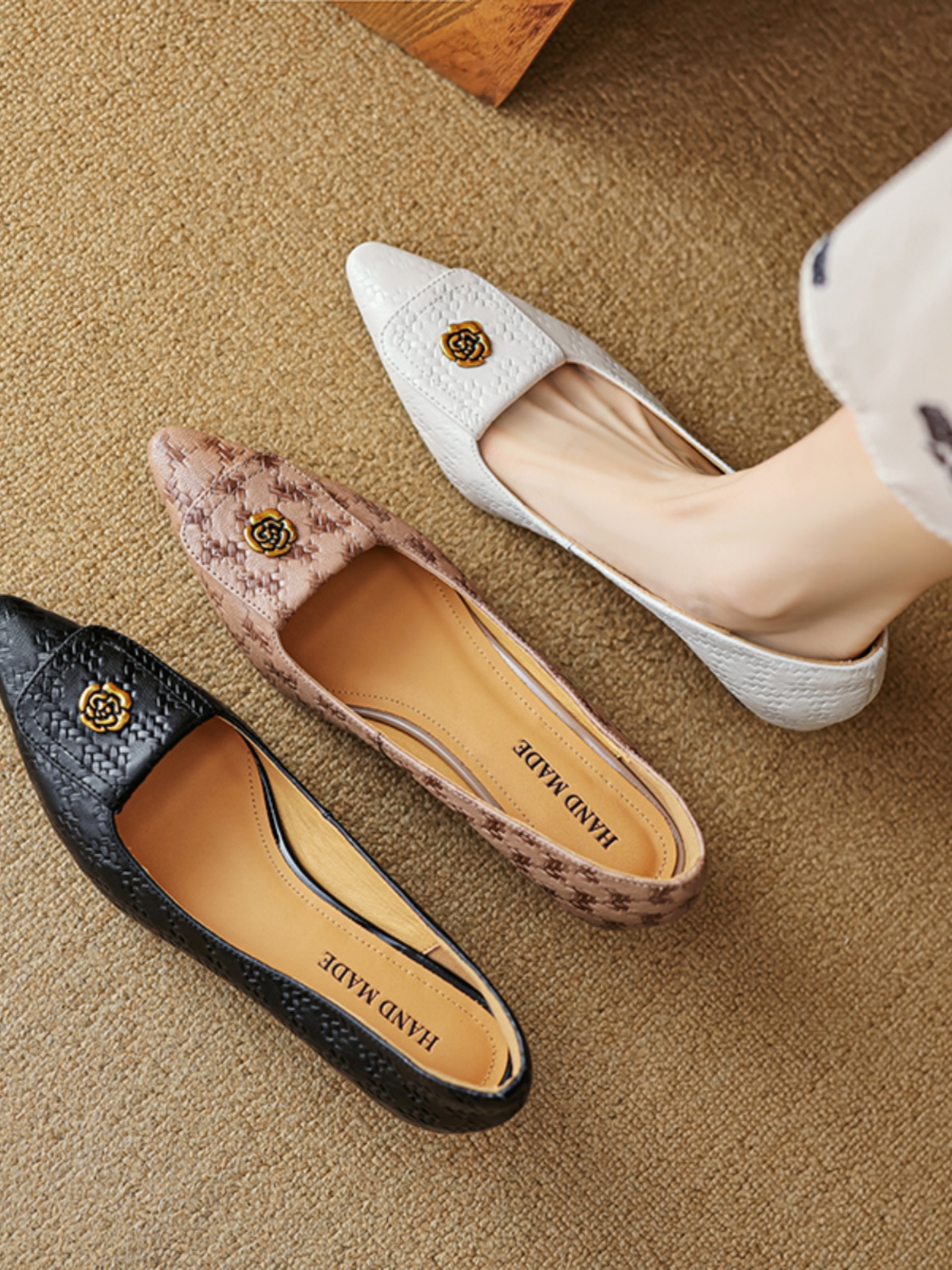 Vintage Camellia Mid-Heel Pointed Toe Women's Shoes - Small Lambskin Shallow Mouth Design, Plus Size, 2025 Summer Style Vintage Camellia Mid-Heel Pointed Toe Women's Shoes - Small Lambskin Shallow Mouth Design, Plus Size, 2025 Summer Style