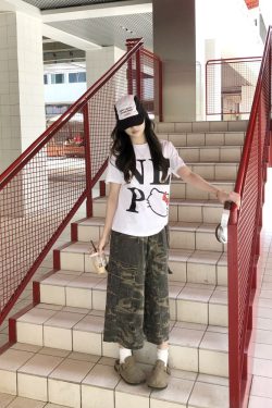 Vintage Camouflage Work Pants for Men & Women, Loose Straight-Leg Wide-Leg Trousers, 8/10 Length, Y2K Streetwear Style