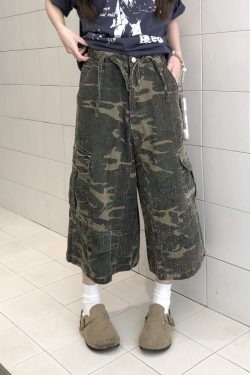 Vintage Camouflage Work Pants for Men & Women, Loose Straight-Leg Wide-Leg Trousers, 8/10 Length, Y2K Streetwear Style