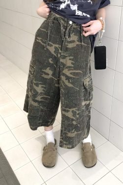 Vintage Camouflage Work Pants for Men & Women, Loose Straight-Leg Wide-Leg Trousers, 8/10 Length, Y2K Streetwear Style