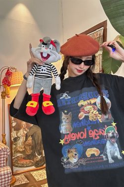 Vintage Cartoon Cat and Dog Print Half Sleeve T-Shirt for Women, Washed Distressed Loose Style, 90s Inspired Casual Top