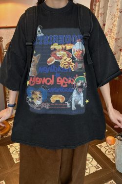 Vintage Cartoon Cat and Dog Print Short Sleeve T-Shirt, Washed Distressed Loose Fit Top for Women, Y2K Inspired Fashion