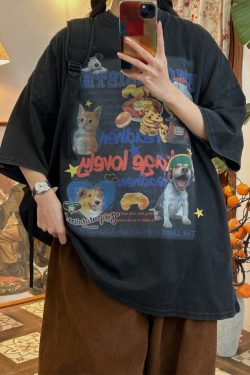 Vintage Cartoon Cat and Dog Print Short Sleeve T-Shirt, Washed Distressed Loose Fit Top for Women, Y2K Inspired Fashion