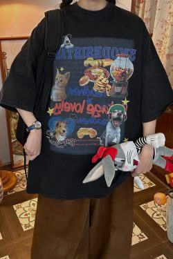 Vintage Cartoon Cat and Dog Print Short Sleeve T-Shirt, Washed Distressed Loose Fit Top for Women, Y2K Inspired Fashion