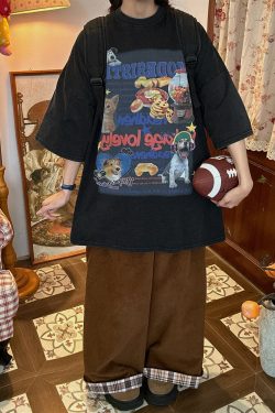 Vintage Cartoon Cat and Dog Print Short Sleeve T-Shirt, Washed Distressed Loose Fit Top for Women, Y2K Inspired Fashion