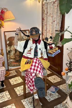 Vintage Cartoon Embroidered Patchwork Short Sleeve Shirt - Fun Pluto Design, Loose Fit, Retro Style for 90s and Y2K Fashion Lovers