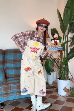 Vintage Cartoon Embroidered Work Overalls - Retro Heavy-Duty Cropped Pants for Couples - Unisex Casual Style