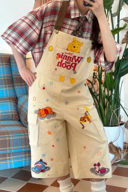 Vintage Cartoon Embroidered Work Overalls - Retro Heavy-Duty Cropped Pants for Couples - Unisex Casual Style