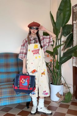 Vintage Cartoon Embroidered Work Overalls - Retro Heavy-Duty Cropped Pants for Couples - Unisex Casual Style