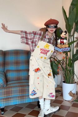 Vintage Cartoon Embroidered Work Overalls for Couples - Retro Heavy-Duty Cropped Pants for Men and Women, Y2K Casual Style