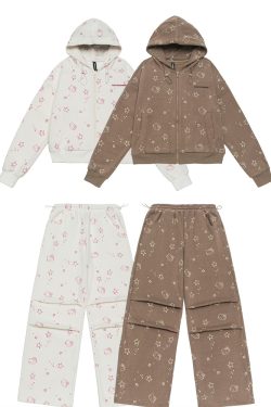 Vintage Cartoon Hooded Cardigan and Pants Set for Women - Loose Casual American Style Outfit