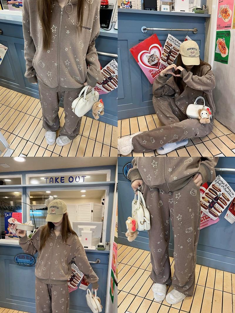 Vintage Cartoon Hooded Cardigan and Pants Set for Women - Loose Casual American Style Outfit Vintage Cartoon Hooded Cardigan and Pants Set for Women - Loose Casual American Style Outfit