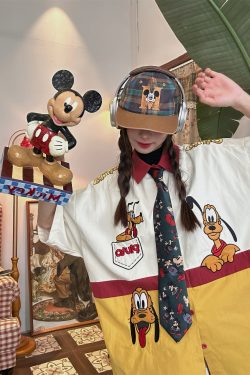 Vintage Cartoon Patchwork Short Sleeve Shirt - Handmade American Retro Style with Embroidered Pluto - Fun 90s Loose Fit Top