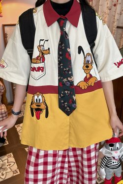 Vintage Cartoon Patchwork Short Sleeve Shirt - Handmade American Retro Style with Embroidered Pluto - Fun 90s Loose Fit Top