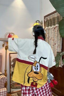 Vintage Cartoon Patchwork Short Sleeve Shirt - Handmade American Retro Style with Embroidered Pluto - Fun 90s Loose Fit Top