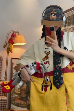 Vintage Cartoon Patchwork Short Sleeve Shirt - Handmade American Retro Style with Embroidered Pluto - Fun 90s Loose Fit Top