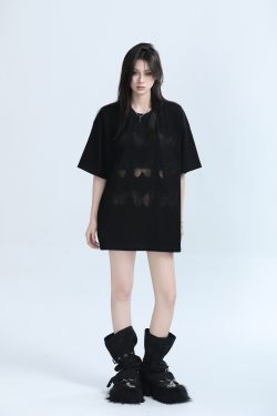 Vintage Carved Hollow Butterfly Embroidery Black Short Sleeve T-Shirt for Women - Summer Loose Fit, Y2K Ins Style