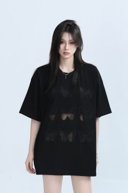 Vintage Carved Hollow Butterfly Embroidery Black Short Sleeve T-Shirt for Women - Summer Loose Fit, Y2K Ins Style