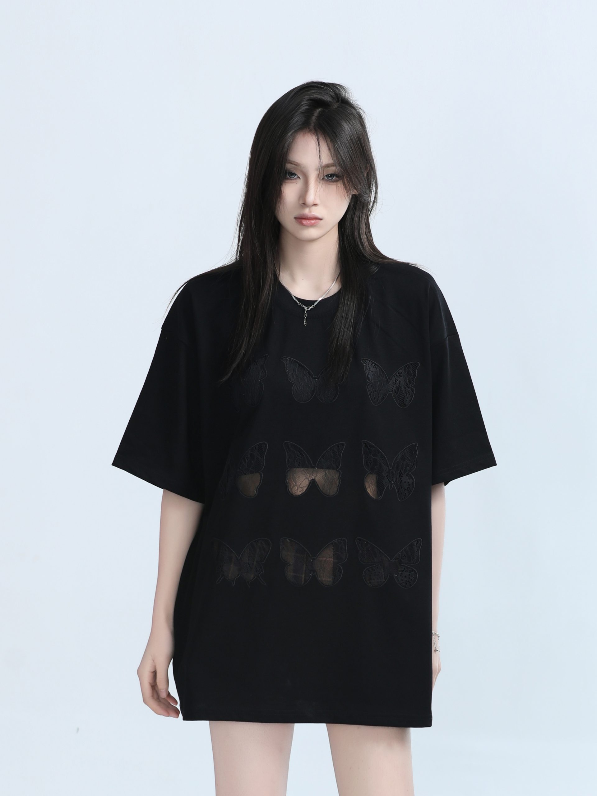 Vintage Carved Hollow Butterfly Embroidery Black Short Sleeve T-Shirt for Women - Summer Loose Fit, Y2K Ins Style Vintage Carved Hollow Butterfly Embroidery Black Short Sleeve T-Shirt for Women - Summer Loose Fit, Y2K Ins Style