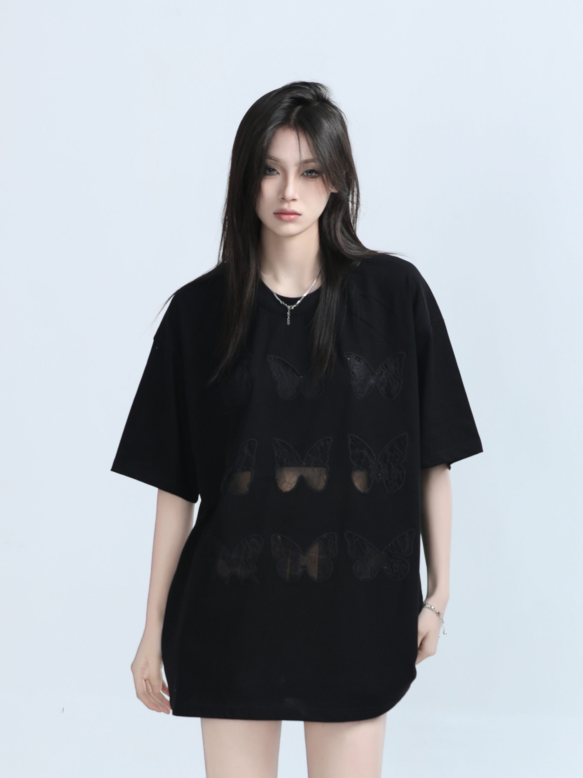 Vintage Carved Hollow Butterfly Embroidery Black Short Sleeve T-Shirt for Women - Summer Loose Fit, Y2K Ins Style Vintage Carved Hollow Butterfly Embroidery Black Short Sleeve T-Shirt for Women - Summer Loose Fit, Y2K Ins Style