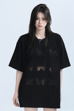 Vintage Carved Hollow Butterfly Embroidery Black Short Sleeve T-Shirt for Women - Summer Loose Fit, Y2K Ins Style