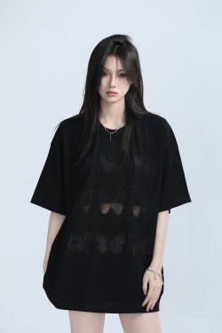 Vintage Carved Hollow Butterfly Embroidery Black Short Sleeve T-Shirt for Women - Summer Loose Fit, Y2K Ins Style