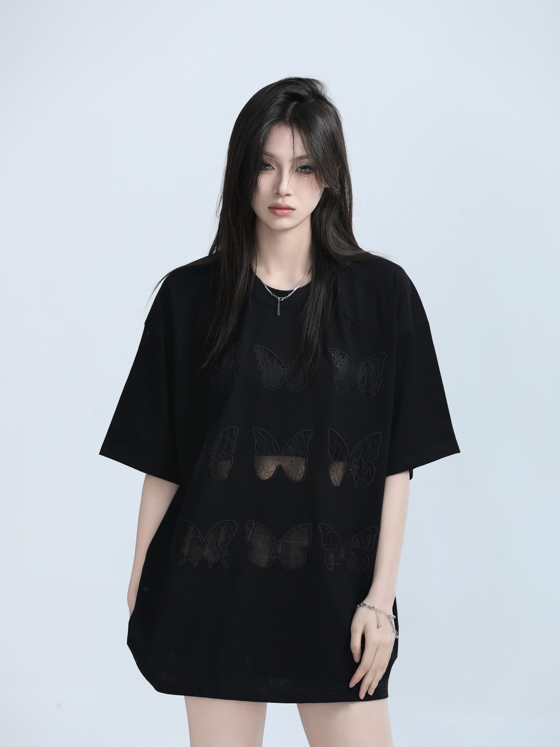 Vintage Carved Hollow Butterfly Embroidery Black Short Sleeve T-Shirt for Women - Summer Loose Fit, Y2K Ins Style Vintage Carved Hollow Butterfly Embroidery Black Short Sleeve T-Shirt for Women - Summer Loose Fit, Y2K Ins Style