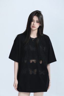 Vintage Carved Hollow Butterfly Embroidery Black Short Sleeve T-Shirt for Women - Summer Loose Fit, Y2K Ins Style