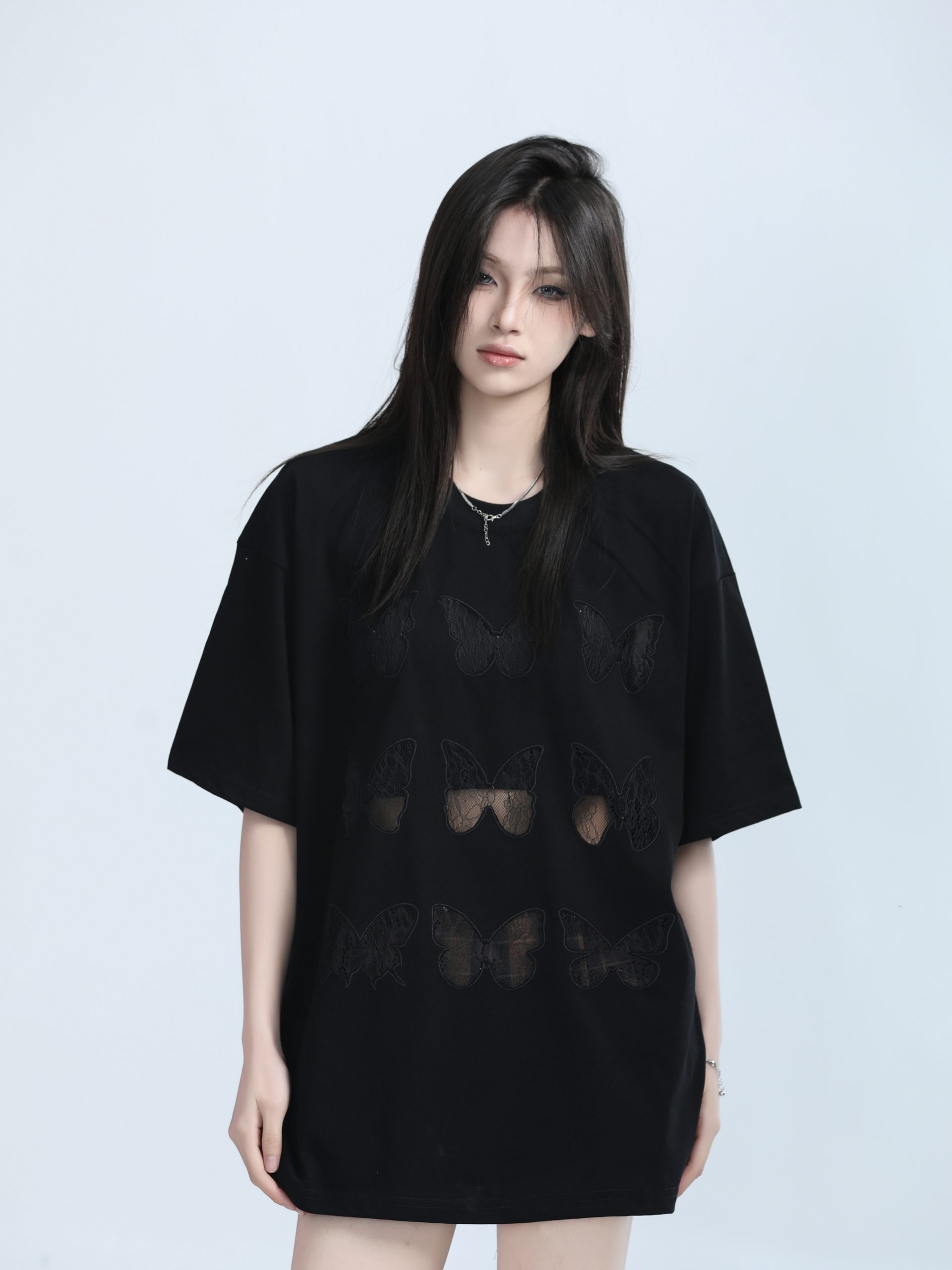 Vintage Carved Hollow Butterfly Embroidery Black Short Sleeve T-Shirt for Women - Summer Loose Fit, Y2K Ins Style Vintage Carved Hollow Butterfly Embroidery Black Short Sleeve T-Shirt for Women - Summer Loose Fit, Y2K Ins Style