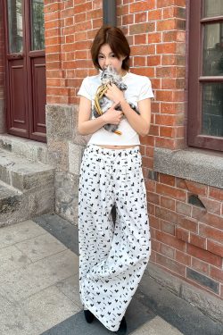 Vintage Casual Dog Print Wide-Leg Pants for Women - American Style Loose Straight Fit, Draping Effect, Versatile Summer Trousers