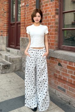 Vintage Casual Dog Print Wide-Leg Pants for Women - American Style Loose Straight Fit, Draping Effect, Versatile Summer Trousers