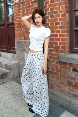 Vintage Casual Dog Print Wide-Leg Pants for Women - American Style Loose Straight Fit, Draping Effect, Versatile Summer Trousers