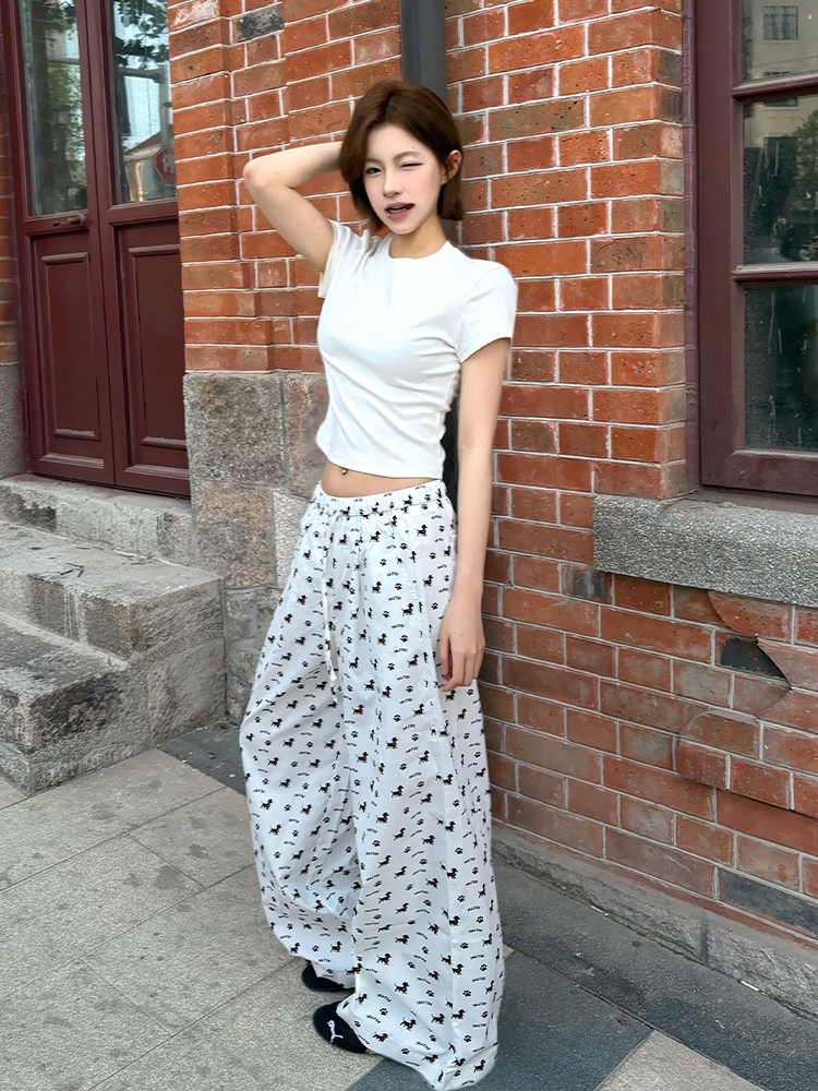 Vintage Casual Dog Print Wide-Leg Pants for Women - American Style Loose Straight Fit, Draping Effect, Versatile Summer Trousers Vintage Casual Dog Print Wide-Leg Pants for Women - American Style Loose Straight Fit, Draping Effect, Versatile Summer Trousers