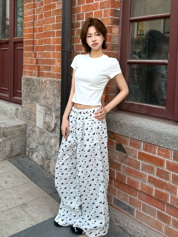 Vintage Casual Dog Print Wide-Leg Pants for Women - American Style Loose Straight Fit, Draping Effect, Versatile Summer Trousers Vintage Casual Dog Print Wide-Leg Pants for Women - American Style Loose Straight Fit, Draping Effect, Versatile Summer Trousers