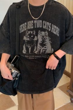 Vintage Cat Print Loose Fit Couple T-Shirt - Retro Trendy Round Neck Short Sleeve Top for Lazy Days