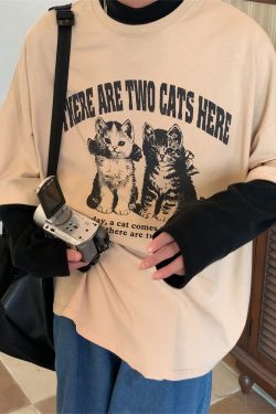 Vintage Cat Print Loose Fit Couple T-Shirt - Retro Trendy Round Neck Short Sleeve Top for Lazy Days