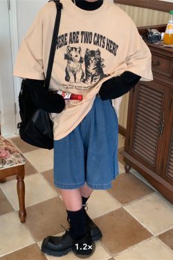 Vintage Cat Print Loose Fit Couple T-Shirt - Retro Trendy Round Neck Short Sleeve Top for Lazy Days