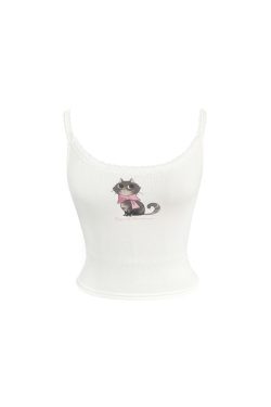 Vintage Cat Print Slim Fit T-Shirt Tank Top - Retro 90s Style, Casual Summer Wear, Trendy Y2K Fashion