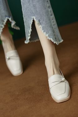Vintage Chunky Mid-Heel Pearl Bow Single Shoes for Women - 2025 Genuine Leather Square-Toe Design, Stylish and Sophisticated
